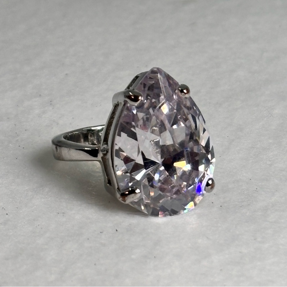 Elegant Cocktail Ring, Silver Crystal Teardrop Ring, Size 9.5